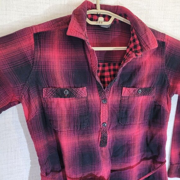 Eddie Bauer Shirt Dress Womens 8 Red Black Flannel Long Sleeve Pockets Belt - Picture 6 of 8